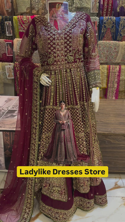 Hussain Rehar Sarang Master Replica Bridal Maxi — Berry red organza front-open peshwas with adda work, sequins and resham embellishment — Ladylike Dresses Pakistan